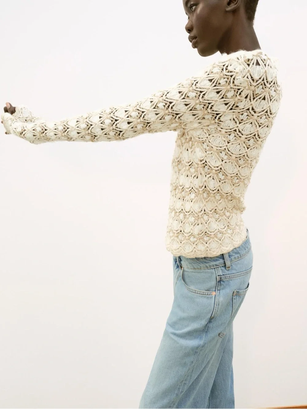 Zara Cream Open-Knit Crochet Sweater
